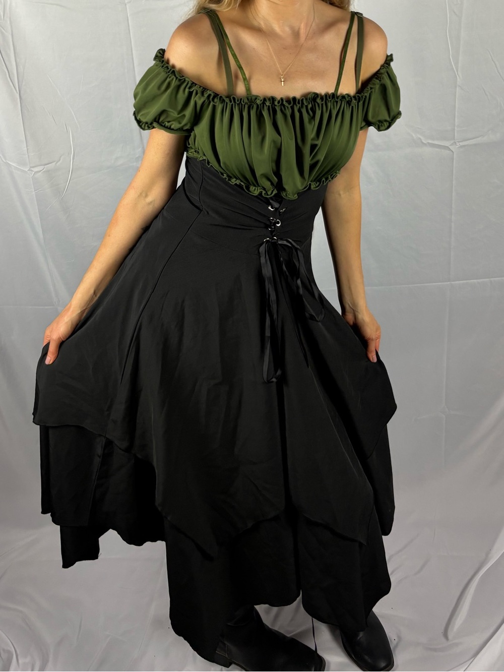 Whimsigoth festival lace up corsetry dress fairycore Octoberfest Green black S